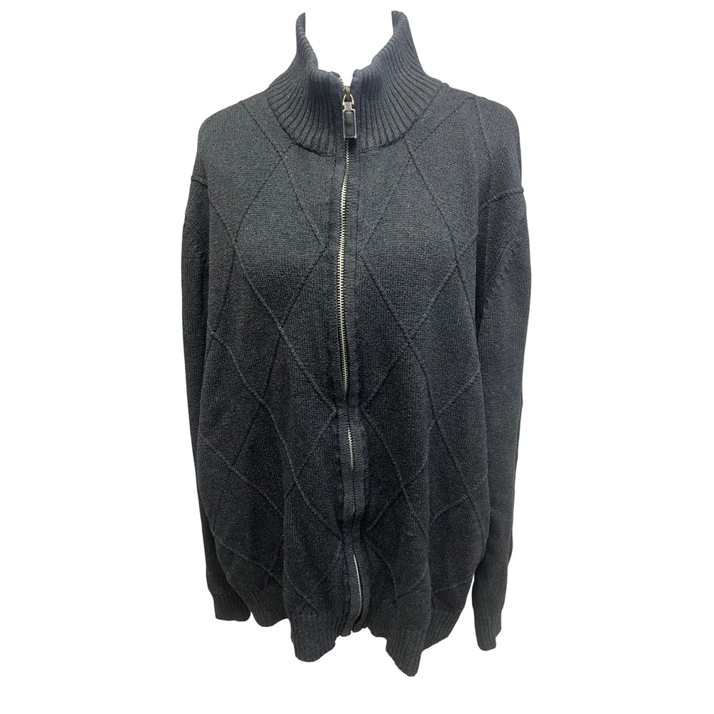 Oscar de la Renta Sweater Mens Full Zip Cardigan Sz L Diamond Knit Grey Preppy